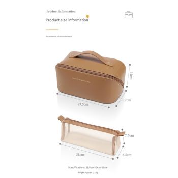 Beige Elegant PU Leather Makeup Bag & Toiletry Organizer with Detachable Mesh Pouch - Large Capacity Travel Cosmetic Case