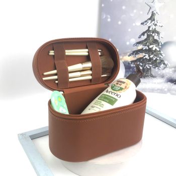 Beige Elegant PU Leather Makeup & Toiletry Bag - Large Capacity Travel Cosmetic Organizer with Brush Holder