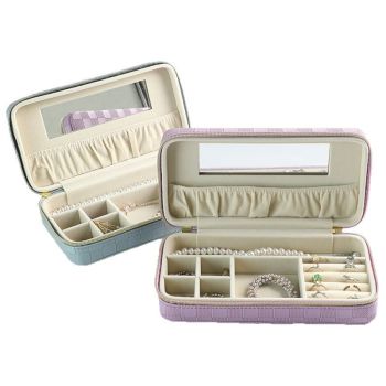 Green Stylish PU Leather Travel Jewellery Box - Compact Organizer for Rings, Earrings, Necklaces with Mirror