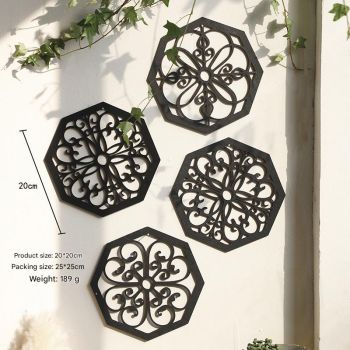 Black Set of 4 Intricate Wooden Octagonal Wall Art - European Style Mandala Decor Plaques