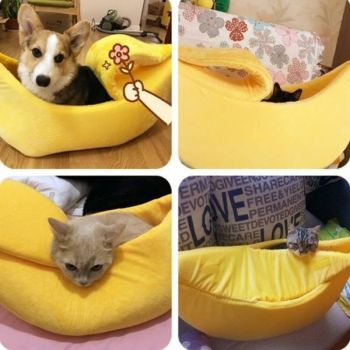 Beige Cozy Banana Peel Pet Bed - Plush & Warm Cave House for Cats & Small Dogs (Large)
