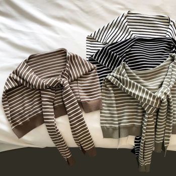 Khaki Chic Striped Knit Tie-Front Shawl - Lightweight Versatile Layering Capelet for Women