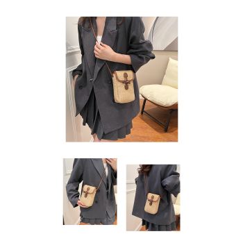 Blue And Khaki Boho Chic Woven Straw Crossbody Bag - Colourful Striped Mini Phone Pouch with Toggle Closure