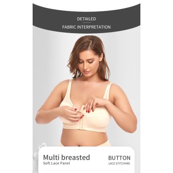 2 Pcs Size 3XL Women's Wireless Large-Cup Lace Bra with Front Clasp - Comfortable, Breathable, Beige