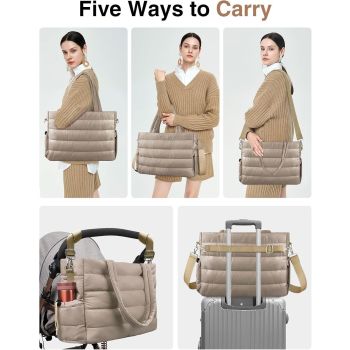 Khaki Stylish Quilted Nylon Tote Bag - Large Capacity Diaper Nappy Bag for Travel & Stroller with Adjustable Straps