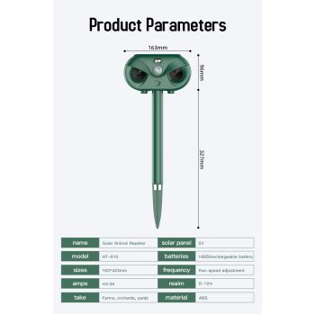 Green Advanced Solar Powered Ultrasonic Animal Repeller - Outdoor Pest Deterrent with Motion Sensor, Strobe Light & Laser