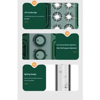 Green Solar Powered Ultrasonic Animal Repeller - Multi-Frequency Pest Deterrent with Motion Sensor, LED Strobe & Illumination Light