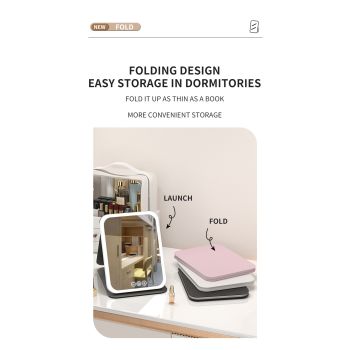 White Small Foldable LED Makeup Mirror - Portable Desktop Vanity with 3 Color Lights, Stepless Dimming & Adjustable Stand