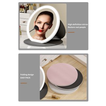 Pink Large Round Foldable LED Makeup Mirror - 22cm Desktop Vanity with 3 Color Lights & Stepless Dimming