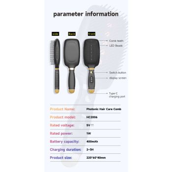 Black Advanced 3-in-1 Scalp & Hair Care Massage Comb - Red Light Therapy, EMS Microcurrent & Vibration for Healthy Hair Growth