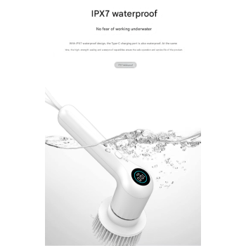 White Rechargeable Electric Spin Scrubber - Waterproof Power Cleaning Brush with 5 Heads & Digital Display for Bathroom, Kitchen & More