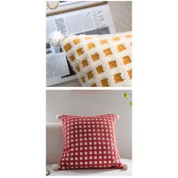 Beige and Yellow 3D Checkered Cushion Cover with Pom Poms - Soft Decorative Pillow Case for Sofa & Living Room (45x45cm, Cover Only)