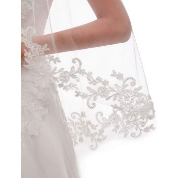 White Elegant Short Bridal Veil - Single Tier with Delicate Lace Applique Edge - Wedding Hair Accessory