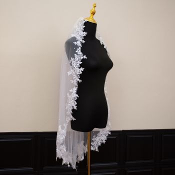 White Elegant Long Bridal Veil with Pearl Accents & Lace Edge - Includes Metal Comb 