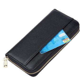 Grey Premium Genuine Leather RFID Blocking Long Wallet - Unisex Multi-Card Organizer Clutch with Zip-Around Closure