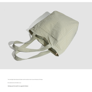 Light Green Stylish Lightweight Seersucker Gingham Tote Bag - Spacious Multi-Pocket Shoulder Bag with Zipper