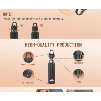 Black 480ml Insulated Stainless Steel Water Bottle - Leakproof One-Click Lid Thermal Flask for Hot & Cold Drinks 