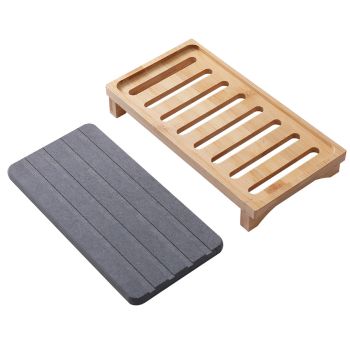Dark Grey Natural Diatomaceous Earth Absorbent Drying Tray with Bamboo Base - Quick-Dry Stone Mat for Kitchen & Bathroom Sink