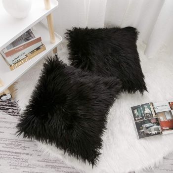 Black Luxurious Long Faux Fur Cushion Covers - Set of 2, 45x45cm Soft Plush Decorative Pillowcases for Sofa & Bed