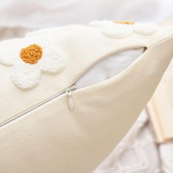 Beige and Khaki Charming 3D Daisy Embroidered Canvas Cushion Covers - Set of 2, 45x45cm Soft Textured Decorative Pillowcases