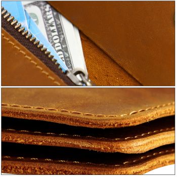 Red Vintage Handmade Crazy Horse Leather Wallet - Compact Card Holder & Zippered Coin Purse with Snap Closure