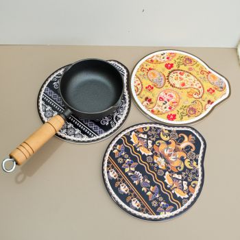 Blue-red Set of 4 Embossed Ceramic Paddle Mats - Assorted Bohemian Pattern Heat Resistant Pads