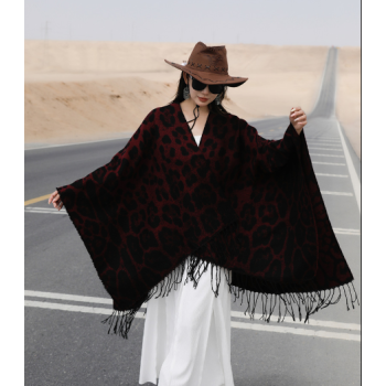 Wine-red Bold Leopard Print Poncho Cape - Women's Warm Oversized Shawl Wrap (130x150cm)
