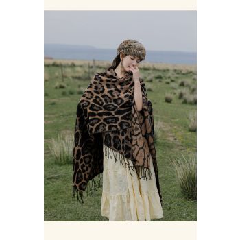 Khaki Bold Leopard Print Poncho Cape - Women's Warm Oversized Shawl Wrap (130x150cm)