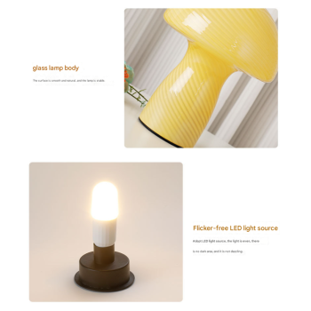 Stripe-Pure Leather Pink Retro Swirl Glass Mushroom Table Lamp - LED Bedside Night Light 