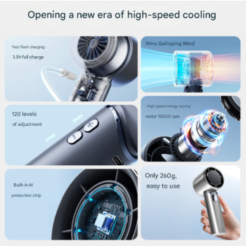 Grey Mini Bladeless Handheld Fan - USB Rechargeable, Quiet Portable Desk Fan