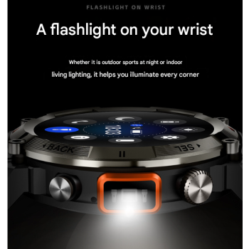 Black Steel Belts Outdoor Smartwatch with 1.45-Inch HD Round Screen and Flashlight