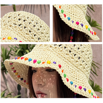 Beige Colorful Wooden Bead Straw Hat for Women - Large Brim Sun Protection