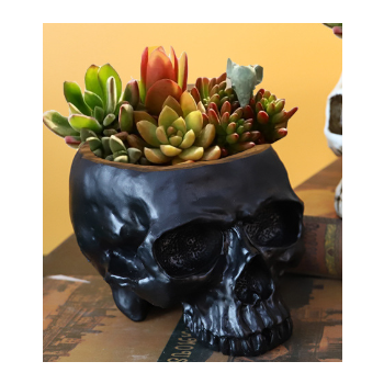 Black Halloween Skull Resin Desktop Ornament and Pen Holder - Spooky Decor