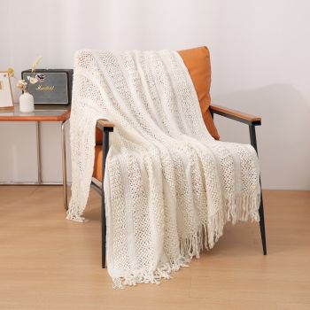 Beige Hollow Knitted Sofa Blanket with Tassels, 120 x 165 cm, 510g, Ideal for Hotel and Home