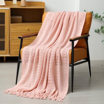 Pink Hollow Knitted Sofa Blanket with Tassels, 120 x 165 cm, 510g, Ideal for Hotel and Home