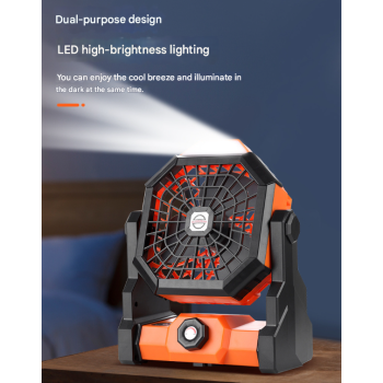 Black-orange Portable USB Camping Fan with 7800mAh Battery and 3-Mode LED Lighting