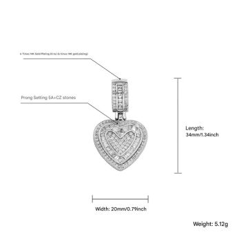 Iced Out Heart Pendant Necklace - 5A+ CZ Stones, 14K Gold Plated with Rope Chain(Silver)
