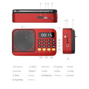 Portable Digital Music Player & FM Radio,4 Playback Modes, LED Flashlight(Red)