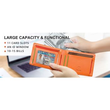 Men's Slim Leather Bifold Wallet - RFID Blocking, 11 Card Slots, ID Window(Carbon Silver)