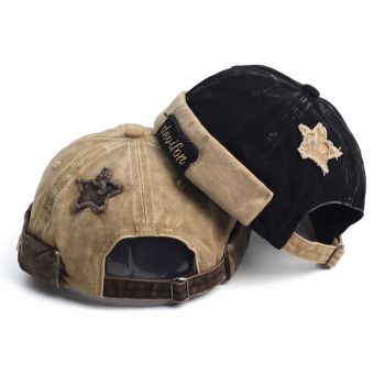 Vintage Washed Cotton Docker Cap - Unisex Brimless Beanie Hat with Star Patch(Khaki)