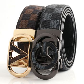 Luxury Designer Style PU Leather Belt,Automatic Buckle(V-patterned black-gray belt + gray buckle)