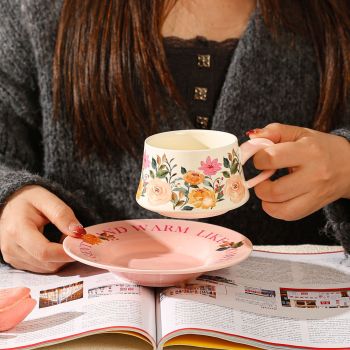 Vintage Floral Ceramic Coffee Cup & Saucer Set(White disc - colorful flowers)