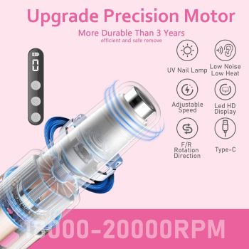 Portable Cordless Electric Nail Drill Kit with UV Lamp - 0-20000RPM, LED Display, 12 Bits(Pink)