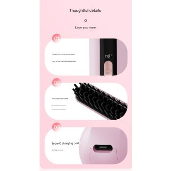 Cordless Hair Straightener Brush - 4000mAh USB-C Rechargeable, 4 Temps, Anti-Scald 3D Comb Design(Pink)
