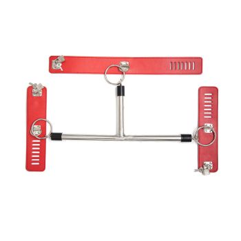 Adjustable PU Leather Collar & Locking Handcuff Spreader Bar Set - Adult Novelty Restraint(red)