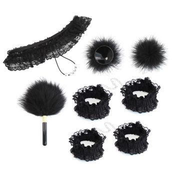 7-Piece Lace & Feather Playful Lingerie Accessory Set - Cuffs, G-String, Tickler &Nipple stickers(red)