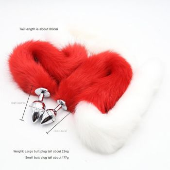 Extra Long Faux Fur Tail with Metal Anal Plug - Playful Cosplay & Adult Novelty Accessory(White and red-large)