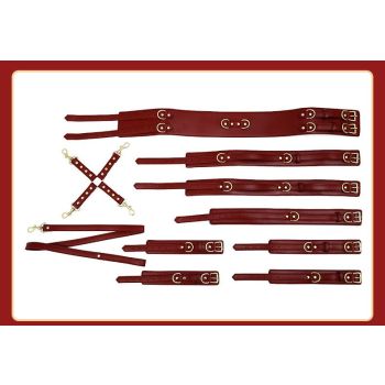 Full Body PU Leather Bondage Restraint Set with Collar, Leash, Cuffs & Harness - Adjustable Adult Play(Coffee)