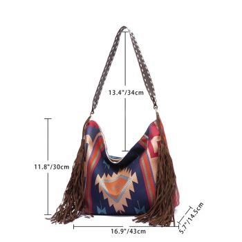 Bohemian Style Canvas Hobo Bag with Tassels & Geometric Print - Large Capacity Shoulder Bag(purple)