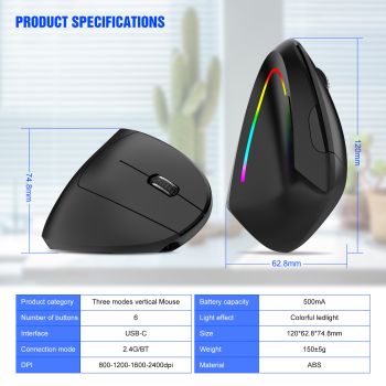 Ergonomic Vertical Wireless Mouse - 2.4G/Bluetooth, Rechargeable, RGB Light, 4 DPI Levels(pink)